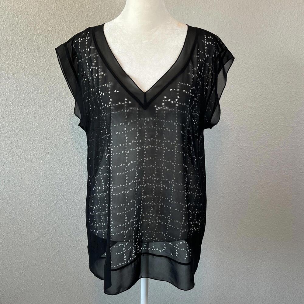 Eileen Fisher Sheer VNeck Cap Sleeve Blouse Black Size XS